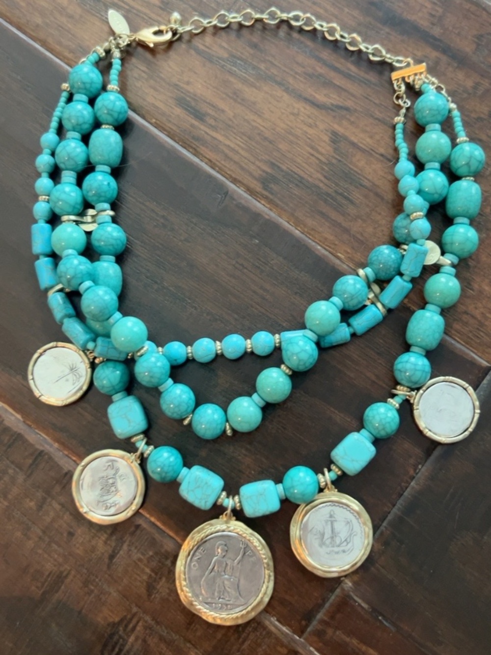 Chico’s Turquoise Tone Multi Strand Coin Medallion Statement Necklace